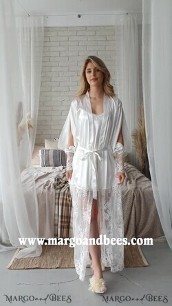 Bride robe White boudoir robe Long silk robe Bridal lace robe Dres