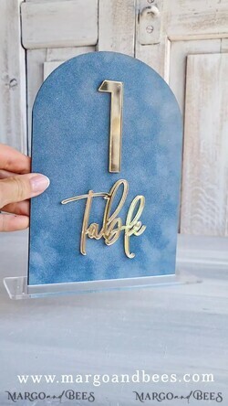 TABLE DECOR SIGNS Velvet table Numbers and Decor dusty Blue Wedding Table Number, Acrylic Arch Velvet Table Sign, Table  Gold Plexi Glass Top Table sign, Elegant Luxury Wedding Table Decor, Boho Glam Wedding Signage Silver mirror Tables sign5
