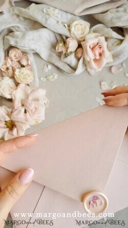 WEDDING INVITATIONS whimsical boho invites Vintage Floral Crest Monogram Blush Wedding Invitation with chiffon torn bow,  French Provence Garden Elegant Floral Wedding Invitation suite Deckled Torn edges , Elegant Toile de Jouy & Baroque Invitation set 13