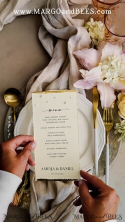 MENÜ & PROGRAMME  
 Glitzer/ Luxus Premium Luxuriöses handgemachtes Hochzeitsmenü mit Goldfolien und Perlen, Programmkarten mit goldfolierter Bordüre, personalisierte Hochzeitsdekoration, editierbarer Text.5