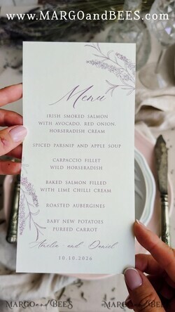 MENU & PROGRAMS romantic Lavender Floral Wedding Menu, Luxury Ecru Dinner Menu, Chiffon Ribbon Wedding Menu, Elegant Reception Menu Cards4